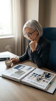 Senior woman with gray hair and glasses reviewing design samples and color swatches at desk, holding pen while examining portfolio materials for creative project planning and professional consultation.