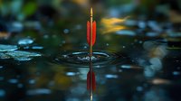 Arrow with red feathers piercing water surface creating concentric ripples against dark background with golden bokeh lights, dramatic sports equipment macro photography.