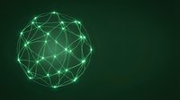 Digital globe network sphere with glowing green connected lines and nodes on dark background, representing global communication, data connection, and technology infrastructure.