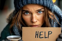 Young woman with intense blue eyes wearing winter hat holds cardboard help sign while sitting with coffee cup, portraying struggle and emotional appeal.