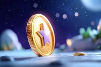 Golden coin with star symbol standing on snowy surface against blurred winter night sky with bokeh lights and moon. Magical winter financial concept.