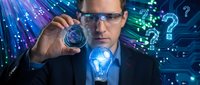 Businessman with magnifying glass examining glowing lightbulb against digital technology background with question marks and data streams.