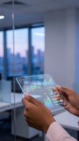 Businessman analyzing financial data on transparent tablet with holographic charts and graphs in modern office with city skyline view at dusk.
