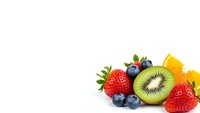 Fresh mixed fruits including strawberries, blueberries, kiwi and orange slices arranged on white background for healthy eating and nutrition concepts.
