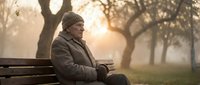 Elderly man in warm winter clothing sitting alone on park bench during misty sunrise, contemplating peaceful morning solitude in nature.