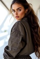 Young Mediterranean woman with long brown wavy hair wearing olive military style jacket poses confidently against bright window background for fashion portrait.