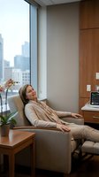 Relaxed middle-aged Caucasian woman reclining in modern medical chair by city window, smiling during healthcare appointment in contemporary clinic office.