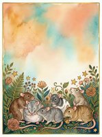 Watercolor rats family gathering with floral border and stars on textured background for greeting cards and nursery decor.