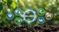 Wellness concept with glowing icons on natural green background showing healthy lifestyle symbols for holistic health and wellbeing promotion.