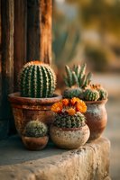 Assortment of potted cacti with orange blooms in rustic clay containers against wooden background, creating warm desert home decor atmosphere.