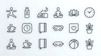 Wellness and mindfulness line icons set featuring yoga meditation exercise coffee time management plants and relaxation symbols for apps.