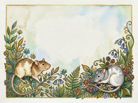 Watercolor woodland frame with cute mice, botanical elements and flowers on textured paper background for nature designs and greeting cards.