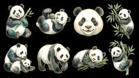 Cute panda characters in various poses with bamboo leaves, isolated on transparent background. Ready for t-shirt designs, stickers, clipart, sublimation, and print-on-demand products.