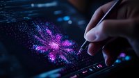 Hand drawing on digital tablet screen with glowing purple and blue particle effect, creating magical light burst animation in dark environment.