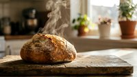 Freshly baked artisan bread loaf steaming on wooden cutting board in cozy kitchen with natural sunlight and potted plants creating warm homemade bakery atmosphere.