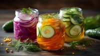 Colorful fermented vegetables in glass jars with dill and spices. Homemade pickled cucumber, carrot and red onion on rustic wooden background.