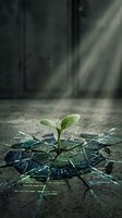Young seedling sprouting from circuit board on concrete ground with dramatic light rays and dust particles, symbolizing green technology, sustainability, and innovation in digital transformation.