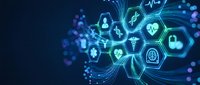 Digital healthcare technology network with glowing medical icons and hexagonal interface elements on dark blue background for modern medicine concepts.