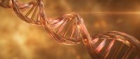 DNA double helix structure with golden light particles, scientific research and biotechnology concept for medical, genetics, and laboratory applications.