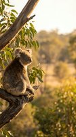 Koala sitting on eucalyptus tree branch during golden hour sunset in Australian wilderness with warm natural lighting and blurred forest background.