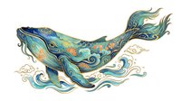 Decorative whale with ornate swirling patterns in teal, gold, and cream tones, isolated on white background for design projects and creative applications.
