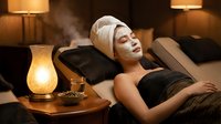 Young woman relaxing with facial mask in luxury spa treatment room with warm ambient lighting and steaming aromatherapy diffuser for wellness skincare.