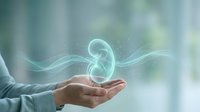 Glowing fetus hologram floating above open palm with ethereal light effects and flowing energy waves for medical and pregnancy concepts.