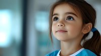 Young girl with brown hair and ponytail wearing blue shirt gazes upward with hopeful expression against soft blurred background, capturing childhood wonder and innocence.