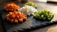 Fresh diced vegetables on dark slate board including orange carrots, white onions and green celery prepared for cooking and meal preparation.