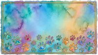 Colorful watercolor background with rainbow gradient and decorative paw prints border, suitable for pet-related designs, greeting cards, and children's artwork projects.