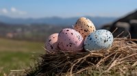 Speckled pastel Easter eggs in pink, beige and blue resting in natural hay nest against blurred spring countryside landscape background, seasonal holiday composition.