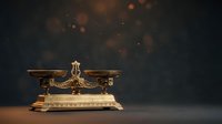 Ornate vintage brass balance scale with decorative details on wooden surface against dark moody background with warm bokeh lights for legal and justice concepts.