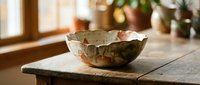 Handcrafted ceramic bowl with organic wavy rim on rustic wooden table in warm sunlit kitchen interior for home decor and artisan pottery display.