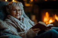 Senior woman with glasses relaxing in cozy armchair, wrapped in knitted sweater, reading book by warm fireplace light on winter evening.