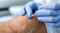 Medical professional in blue gloves performing dermatological examination of skin texture and moles for cancer screening and diagnosis. Close-up view of medical procedure.