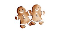 Watercolor gingerbread couple cookies decorated with white icing smiling and holding hands, isolated on white background for holiday designs and cards.