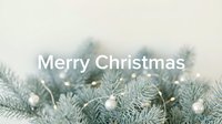 Merry Christmas greeting card with fir branches, silver baubles, and fairy lights on a light background for holiday design.