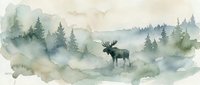 Watercolor moose silhouette in misty forest landscape with evergreen trees and mountains, nature wildlife art for home decor and outdoor themed designs.