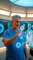 Middle-aged Caucasian male doctor in blue scrubs interacting with holographic virus models in futuristic medical laboratory with digital anatomy displays.