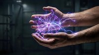 Male hands holding glowing purple and blue electric energy orb with lightning effects, representing power, technology, innovation, and digital transformation in modern business environment.