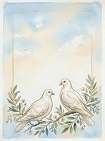 Two white doves perched on a flowering branch with green foliage, set against a soft watercolor sky with clouds and flying birds. Isolated design.