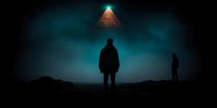 Silhouettes of two people standing beneath glowing pyramid shape in dark mysterious night sky, atmospheric moody landscape with supernatural element.