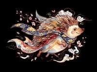 Cute hedgehog in ornate flowing robes with cherry blossoms and clouds, isolated on transparent background, ready for stickers, t-shirt design, and print on demand.