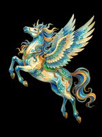 Ornate winged horse with blue, gold, and teal swirling patterns, isolated on transparent background. Great for t-shirts, stickers, sublimation, and print on demand.