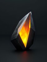 Glowing black crystal with intense orange light emanating from within against dark background, creating dramatic contrast and mysterious atmosphere.