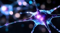 Glowing neuron cell with electric impulses in blue and purple colors on dark background with bokeh effect. Scientific visualization for medical research.