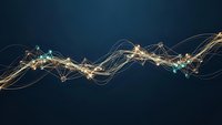 Abstract digital network with glowing nodes and flowing connections on dark blue background for technology and data visualization projects.