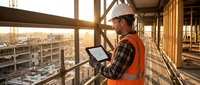 Construction worker in safety vest and hard hat using digital tablet on building site during golden hour sunset for project management and planning.