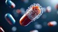 Medical capsule with red liquid inside covered in coronavirus spikes floating on dark background, pharmaceutical and healthcare concept visualization.