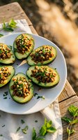 Stuffed avocado halves topped with seasoned ground meat, corn, and fresh herbs served on white plate for healthy lunch or dinner recipes.